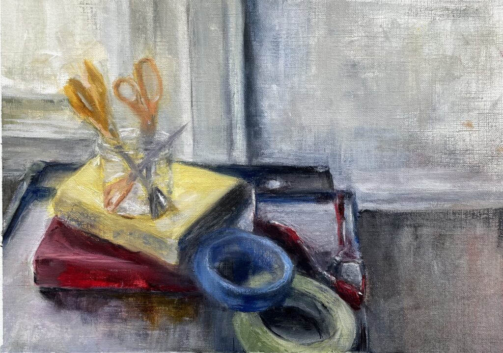 Painting of books and art tools on a tabouret with window in background