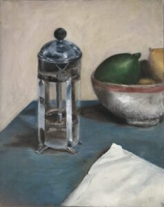 Oil on canvas, 20" x 16"
"Attention is the beginning of devotion."
--Mary Oliver Painting of a French coffee press with a bowl of citrus fruit in the background and a napkin in the foreground