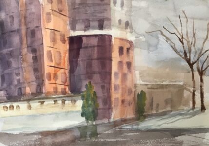 Watercolor on Arches watercolor paper, 9" x 11" Painting of street with tall, sunlit buildings on a bright winter's day