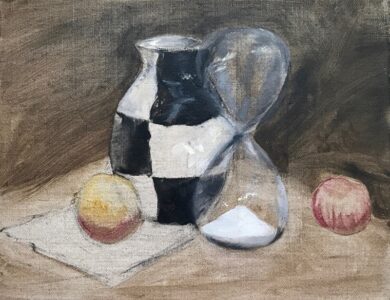 Paintinng of black and white ceramic vase, hourglass, and fruit