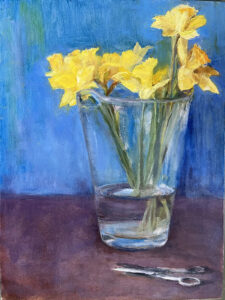 Oil on hardwood panel, 12" x 9" Painting of daffodils in a glass vase on a table near a pair of scissors