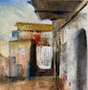Oil on CANVA-Paper, 6" x 6" Expressionistic painting of street and buildings in bright mid-day light