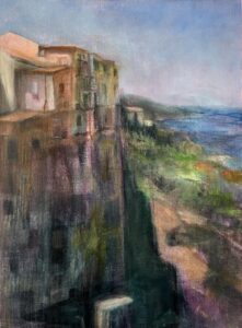 CANVA-Paper,18" x 16" Painting of sunlit hillside town with sea and coastline in distance