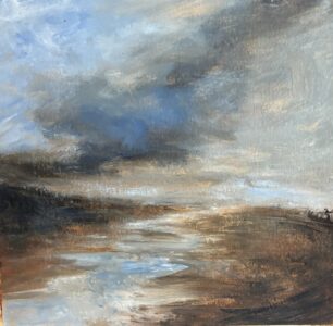 Oil on Arches oil paper, 9" x 9" Landscape painting of a twisting stream that leads to the sea.