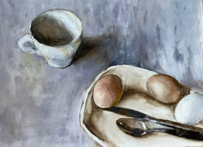 Oil on panel, 9" x 12"
"Every moment is a new beginning."
--T.S. Eliot Painting of three eggs, a spoon, and a knife in a bowl, and a white cup