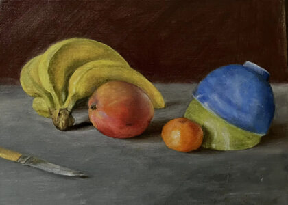 Oil on canvas, 11" x 14" Painting of a bunch of bananas, a mango and an orange, two overturned bowls and a knife