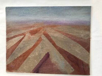 Oil on panel, 8" x 10" Abstract painting with large arrow shapes in foreground, and a hazy horizon in far distance