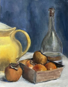 Oil on panel, 14" x 11"
"We ripen slowly, and the bet of us is often the last to appear."
--May Sarton Painting of yellow pitcher, wine bottle, and box of persimmons