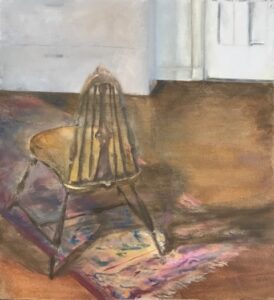Oil on Canvas board, 12" x 10.5" Painting of chair on small rug with cabinet and door in background