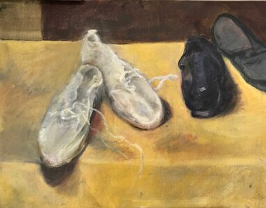 Oil on canvas, 11" x 14" Painting of two pairs of shoes (one pair white tennis shoes) on yellow cloth-covered table
