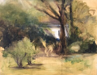 Oil on panel, 8" x 10" Painting of sunlit white house glimpsed behind trees and shrubs