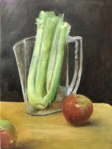 Oil on canvas, 14" x 11" Painting of a clear plastic pitcher containing a celery stalk, and two apples, on a table