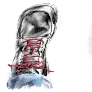 Digital drawing created with Procreate on iPad Drawing of a left foot in a black boot with red laces stepping forward, viewed from above
