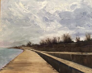 Oil on canvas, 8" x 10" Painting of pier and water with big windy sky