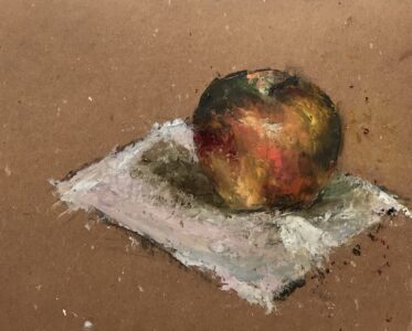 Oil on illustration board, 8" x 10" Painting of apple on a napkin
