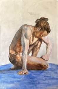 Oil on illustration board,
30" x 22" Painting of crouching male figure