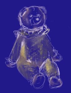 Digital drawing created with ProCreate on iPad Drawing of a stuffed animal, a small yellow plush bear.