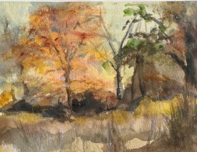 Watercolor on Arches watercolor paper, 9" x 12" Painting of tree with orange and yellow leaves in forest preserve on fall day
