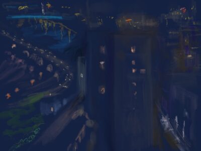 Aerial view of city scene at night: skyscrapers, streets, and bridges across a river
