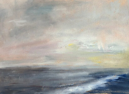 Oil on Arches oil paper, 8.5" x 11.5" Sea with wave breaking on black sand, and a large sky at sunrise
