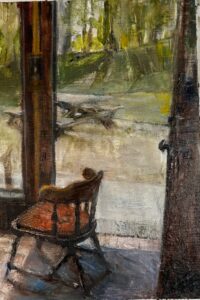 Oil on panel, 9" x 6" Painting of a kitchen with an open door and view of wooded backyard