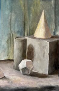 Oil on CANVA-Paper, 26" x 12" Painting of three dimensional geometric forms in soft greys, whie, blues and purples