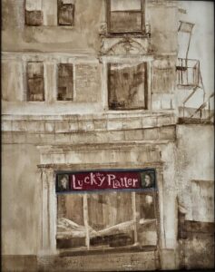 Oil on panel, 14" x 11" Painting of street view of a restaurant in Evanston, IL