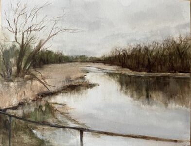 Oil on panel, 11" x 14" Painting of stream with reflections of trees, and overcast sky