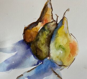 Watercolor on paper Painting of three pears nestled together