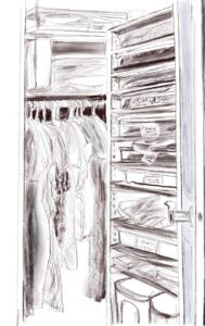 Digital drawing created with Procreate on iPad Digital drawing of clothes and stored items in a closet with open door