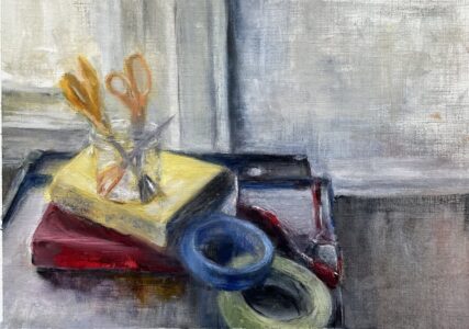 Oil on Arches oil paper, 8" x 12" Painting of books and art tools on a tabouret with window in background