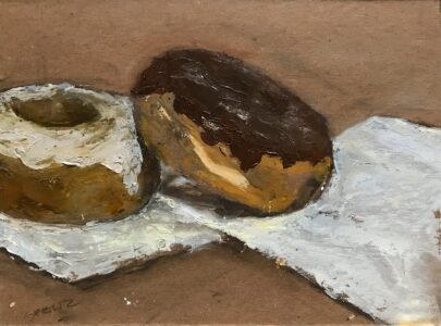 Painting of two donuts on white napkins
