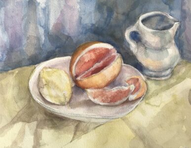 Watercolor on Arches watercolor paper, 10" x 13" Painting of plate with a lemon and sliced orange, and a whiee milk pitcher, on a table