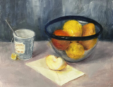 Oil on panel, 8" x 10" Painting of glass bowl of fruit with ceramic coffee cup and slice of apple on an envelope