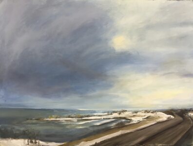 Oil on Arches oil paper, 22" x 30" Painting of water, lake shore and highway, and a large sky with light breaking through clouds