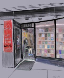 Digital drawing created with Procreate on iPad Bookstore front with view of masked employee
