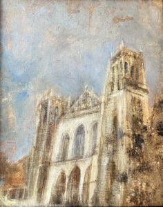 Oil on panel, 10" x 8" Painting of a church and bright sky after a rainstorm