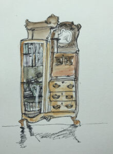 Ink and watercolor on paper Ink and watercolor sketch of a tall, antique secretary desk