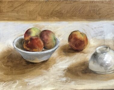 Oil on canvas, 11" x 14" Painting of a bowl with apples, two overturned bowls, and an apple on a table